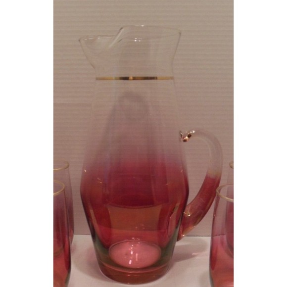 VTG Blendo W. Virginia Cranberry Glass Pitcher Set 4 Glasses Iridescent Pink Red - Picture 2 of 3